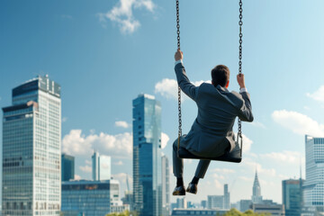 Plakat Businessman swings in the air against a backdrop of urban skyscrapers during a sunny day, capturing the essence of work-life balance and creativity in a modern city