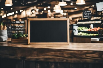 blank blackboard menu on wooden counter inside a coffee shop or organice grocery store - obrazy, fototapety, plakaty