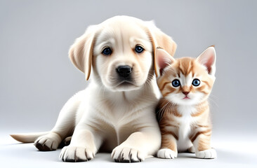 Red tabby kitten and a retriever puppy lie next to each other on a light background.