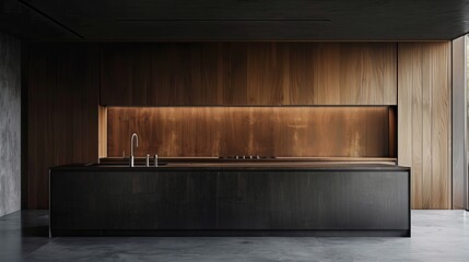 Modern sophistication of a minimalist kitchen accented with sleek wooden materials, minimalist aesthetics and functional design come together
