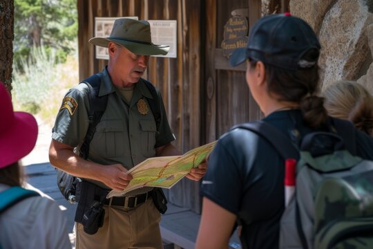 Park ranger assists visitors with a map at a nature trail in a national park on a sunny afternoon