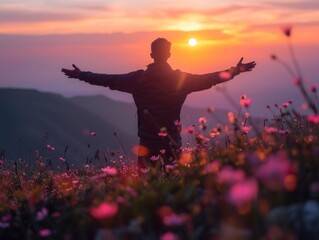 Sun dips below horizon, casting hues of orange and red across the sky, a young woman stands atop a grassy hill, her arms outstretched in joyful embrace of the sunset