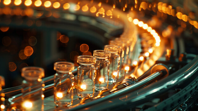 A close-up shot captures the intricate beauty of a conveyor belt transporting medical test tubes and drugs, each vial and specimen representing a potential breakthrough in the figh