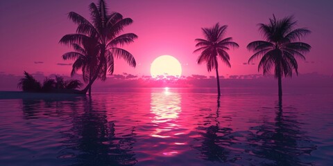 Fototapeta na wymiar 3d tropical sunset with island and palm trees. Ocean and neon sun in synthwave and new retrowave aesthetics 80s 90s
