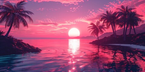 3d tropical sunset with island and palm trees. Ocean and neon sun in synthwave and new retrowave aesthetics 80s 90s