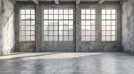 Abstract gray interior of empty room with concrete walls and white window
