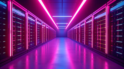 A high-tech data center with rows of servers and blinking lights. - obrazy, fototapety, plakaty
