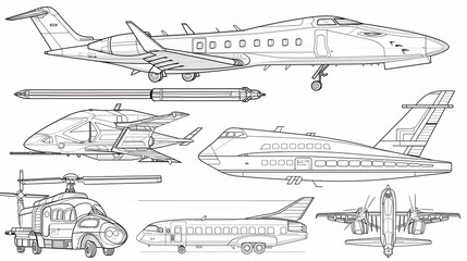 Vehicles like planes, trains, and boats in a sleek and modern line art style.