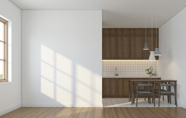Modern japan style empty room with kitchen minimalist built-in cabinet and wood dining table.3d rendering
