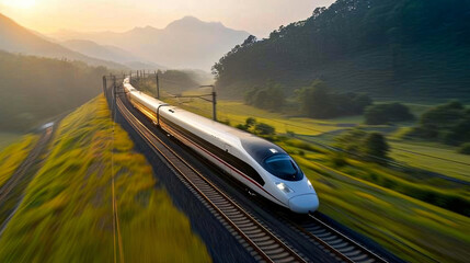 A high-speed train rushing through a countryside scenery