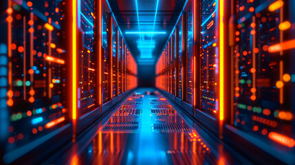 A high-tech data center with rows of servers and blinking lights. - obrazy, fototapety, plakaty