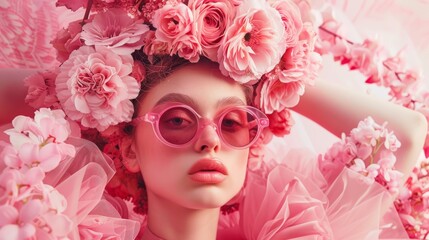 portrait of a woman immersed in a sea of vivid pink blossoms, her stylish glasses and serene expression create a striking contrast to the vibrant floral fantasy surrounding her.