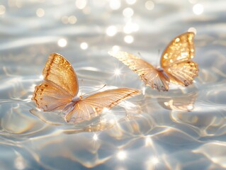 Fototapeta na wymiar Golden butterflies dancing on sunlit water sparkling surface, abstract wallpaper art (1)