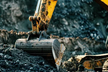 Fotobehang crawler excavator digging soil at construction site, earth moving machine, excavation vehicle © id512