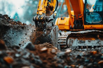 excavator digging hole ground, bulldozer on construction site