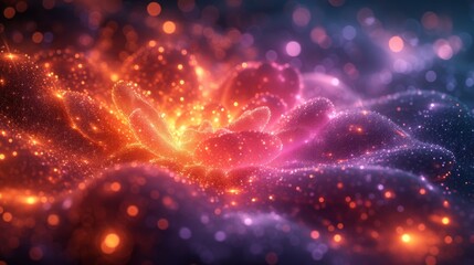 Fototapeta premium Vibrant cosmic flower glimmers in vivid colors with sparkling effects in a dreamlike setting during a tranquil evening