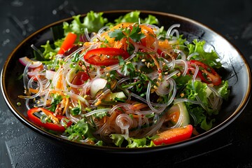 Glass Noodle Salad on a black background top view Thai Cuisine. Concept Thai Cuisine, Glass Noodle Salad, Food Photography, Top View, Black Background