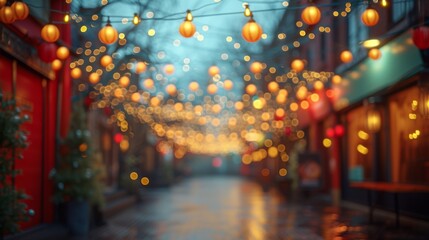 the lights of the street in blurred foodtruck festival, in the style of bokeh, minimalist stage designs, festive atmosphere