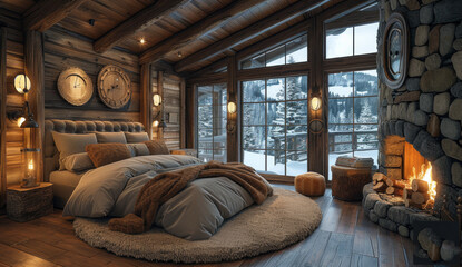  bedroom in the modern rustic cabin with windows and a fireplace with lights - obrazy, fototapety, plakaty