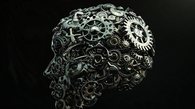 A series of interconnected gears in the shape of a brain, illustrating the complexity of mental health and the mind.