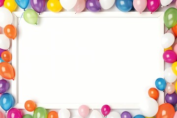 Fototapeta na wymiar A high-definition snapshot captures the excitement as balloons, large and small, form a colorful border around an empty birthday frame, ready for celebration.