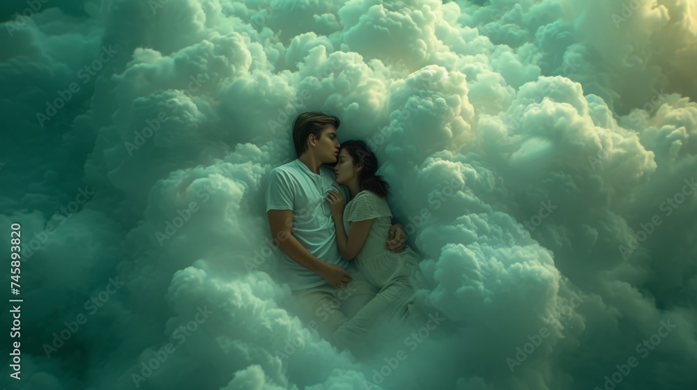 Wall mural  a man and a woman sleeping in a comfortable cloud in the sky