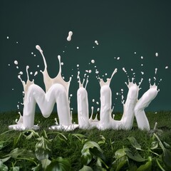 The word 'MILK' spelled out with liquid letters on a dewy grass surface, invoking freshness and dairy product themes