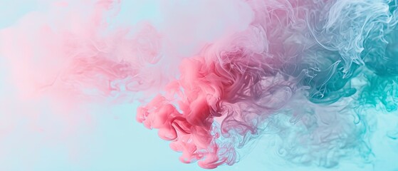 Abstract pastel pink smoke swirls gracefully over a dreamy pastel blue and green blurred...
