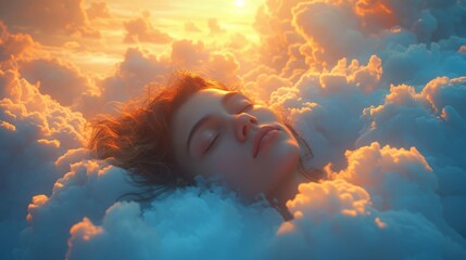 woman sleeping in a comfortable cloud in the sky, the photo suggests extraodinary comfort