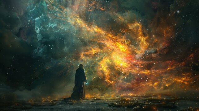 chamber of ancient lore, a formidable sorcerer emerges from the shadows, his dark cloak billowing behind him in an aura of mystery and power
