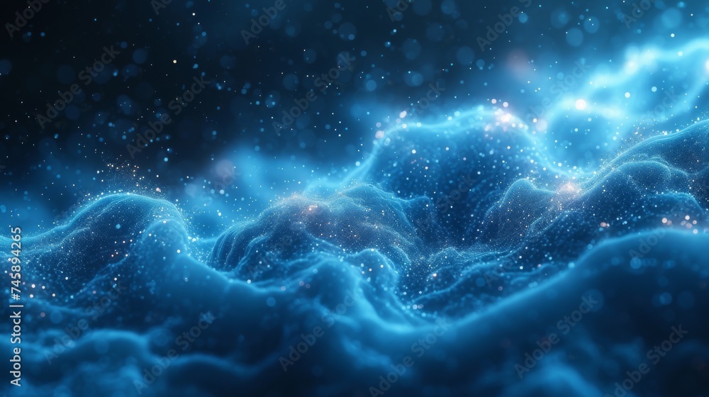 Poster waves of vibrant blue light dance rhythmically in a dark underwater setting, creating a serene and d