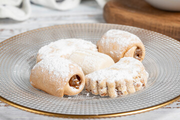 Almond and apple cookies. Pastry product. Variety of cookies on a white background. Close up