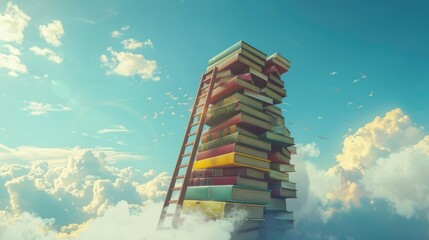 Education and growth concept. Book stack with ladder on sky with clouds background. Ladder going on top of huge stack of books. 