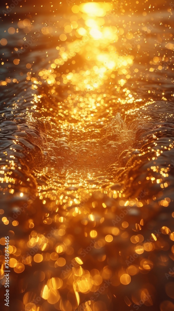 Poster golden sunlight reflects on rippling water, creating an enchanting bokeh effect during a serene even