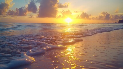 Golden Sands and Sea Waves. A Serene Sunset Scene on the Sandy Beach. As the Sun Dips Below the Horizon, the Ocean's Waves Dance Gently upon the Shoreline