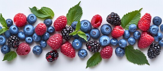 A delightful display of various fresh, juicy berries organized neatly on a plain white backdrop - obrazy, fototapety, plakaty