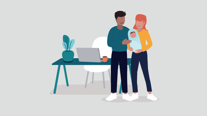 Vektor-Illustration eines Paares mit einem Baby, das entspannt im Home-Office arbeitet - Business-Konzept