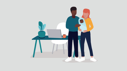 Vektor-Illustration eines Paares mit einem Baby, das entspannt im Home-Office arbeitet - Business-Konzept