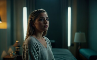 A woman stands in a dark room, looking off to the side. She has long blonde hair and is wearing a grey shirt. The room has a bed and a desk with a lamp.