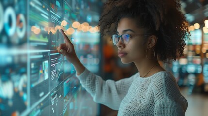 modern business woman using innovative technologies to manage her administrative work, analyzing a digital projected graph