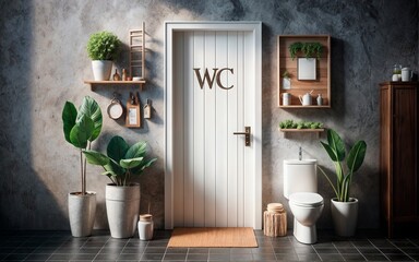 The door to the public toilet is white, there are decorative flowers nearby, a cozy atmosphere, sunlight falls from the window indoors.