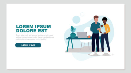 Vektor-Illustration eines Paares mit einem Baby, das entspannt im Home-Office arbeitet - Business-Konzept