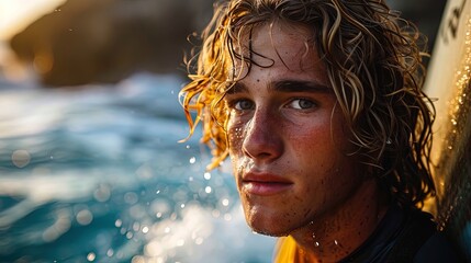 Portrait of tanned young man with long hair against the backdrop of the ocean or sea, exuding youthful energy and coastal vibes