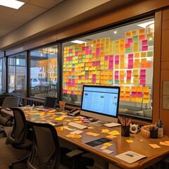An organized project planning space with an abundance of sticky notes and office supplies on a desk
