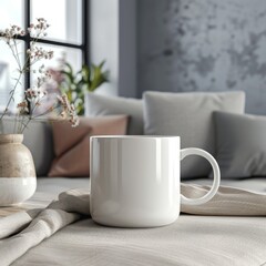 white mug mockup in living room setting 