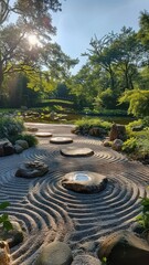 Fototapeta premium Japanese Garden Serenity Crafting a Tranquil Inspired by Nature's Harmony. Amidst the Lush Greenery. A Pathway Meanders Through a Landscape of Stone and Tree