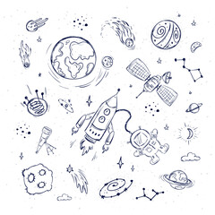 Doodle cosmos set isolated on white background., design elements for any purposes. Hand drawn collection of space ship, planets, constellations, stars and ufo.