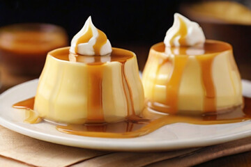 Caramel soft pudding. Generative AI.