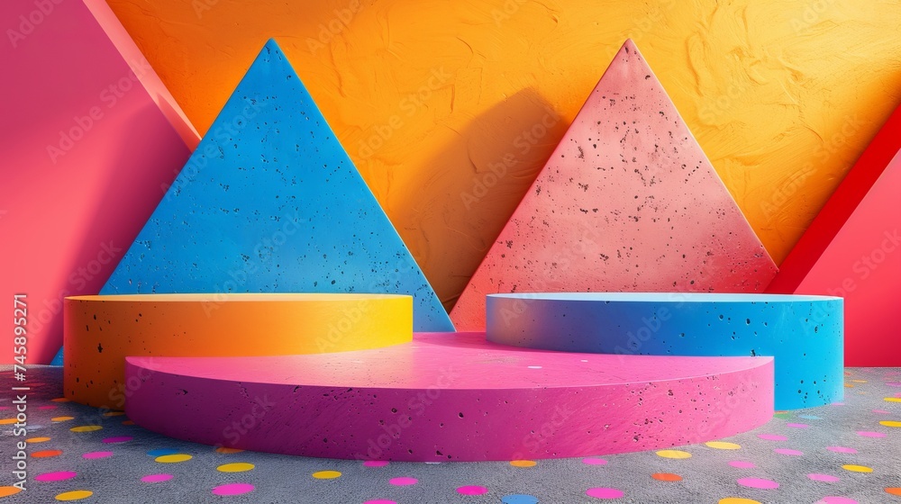 Poster 3d rendered podium with random geometrical shapes in plastic style 3d