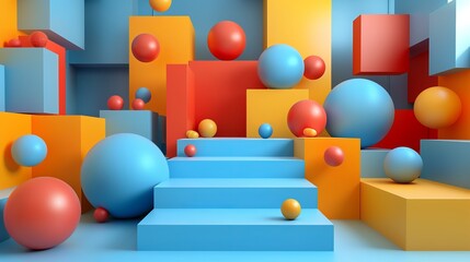 3d rendered podium with random geometrical shapes in plastic style 3d 